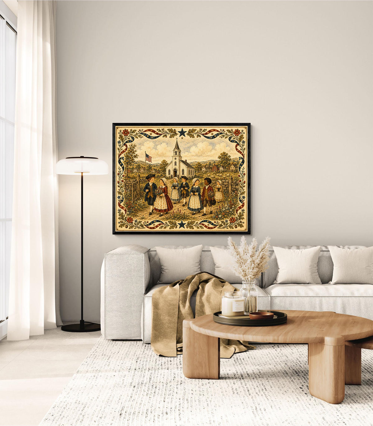 Colonial Church Landscape Art Print | Americana Folk Art Wall Decor | Patriotic Country Village | Nostalgic Heritage Gift Landscape Mode