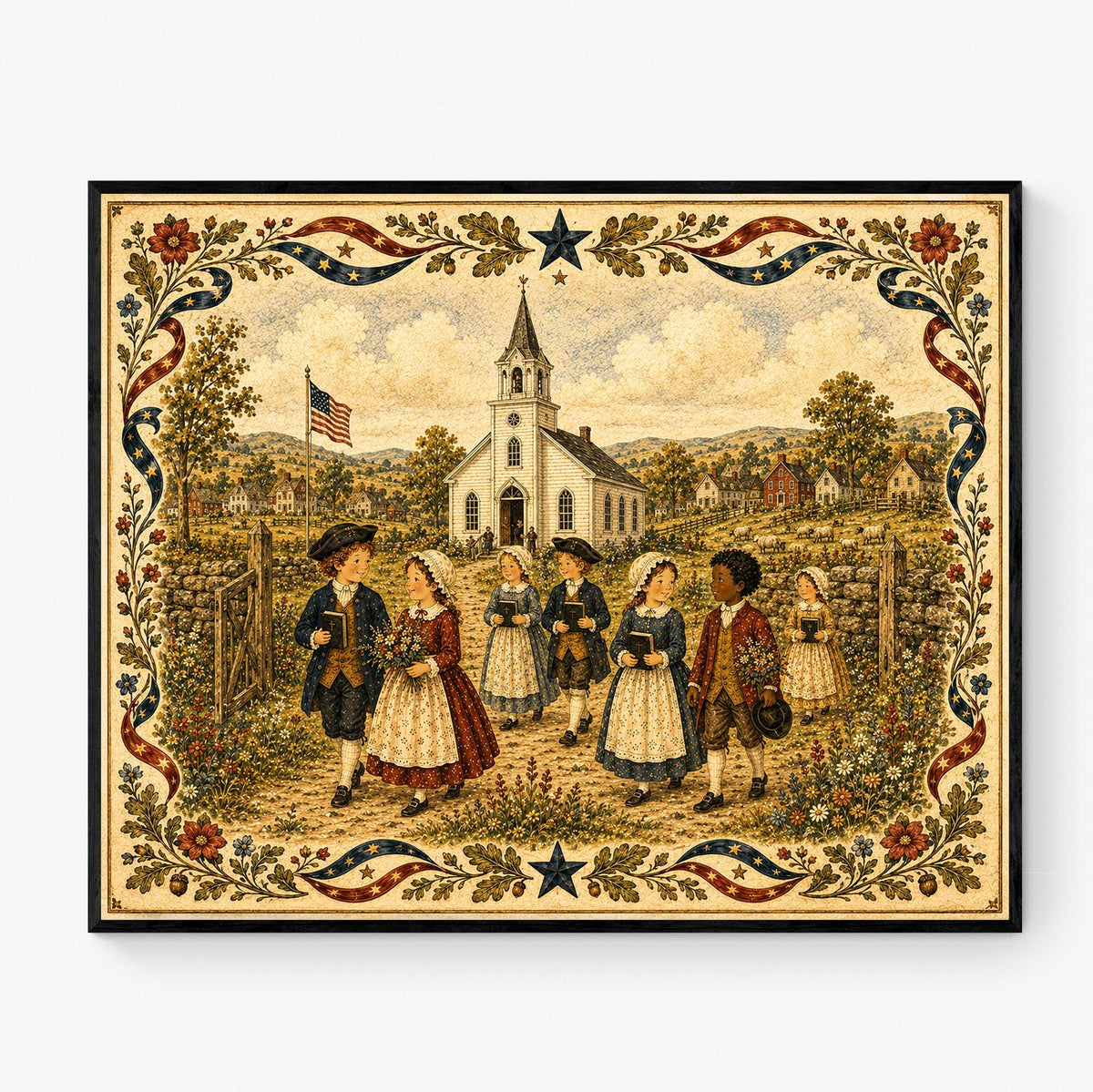 Colonial Church Landscape Art Print | Americana Folk Art Wall Decor | Patriotic Country Village | Nostalgic Heritage Gift Landscape Mode