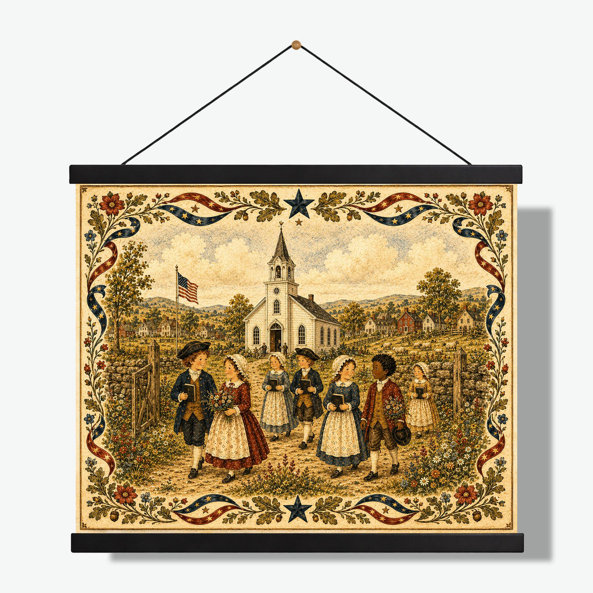 Colonial Church Landscape Art Print | Americana Folk Art Wall Decor | Patriotic Country Village | Nostalgic Heritage Gift Landscape Mode