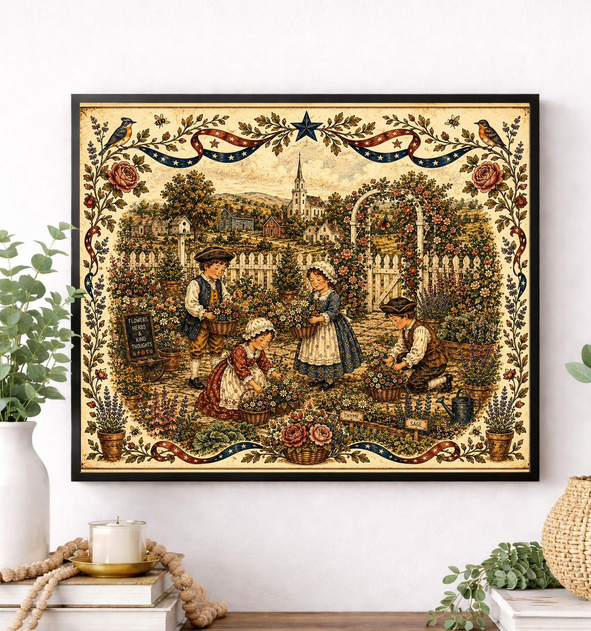Patriotic Folk Art Garden Print | Americana Colonial Garden Wall Art | Vintage Cottage Garden Landscape Decor