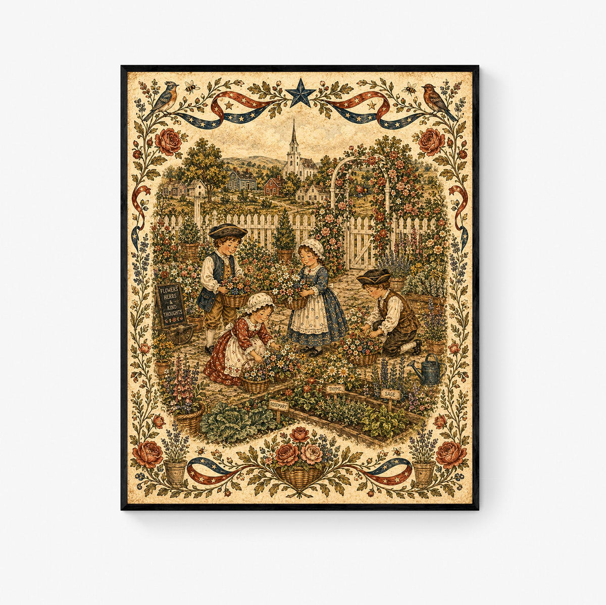 Patriotic Folk Art Garden Print | Americana Colonial Garden Wall Art | Vintage Cottage Garden Landscape Decor | Portrait Mode