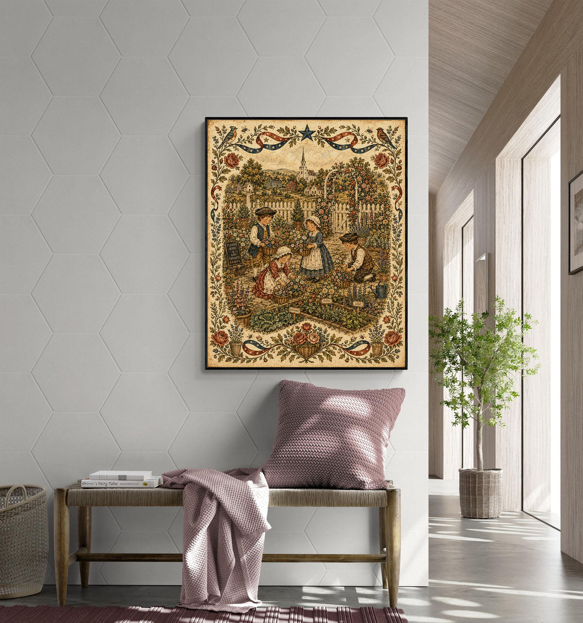 Patriotic Folk Art Garden Print | Americana Colonial Garden Wall Art | Vintage Cottage Garden Landscape Decor | Portrait Mode