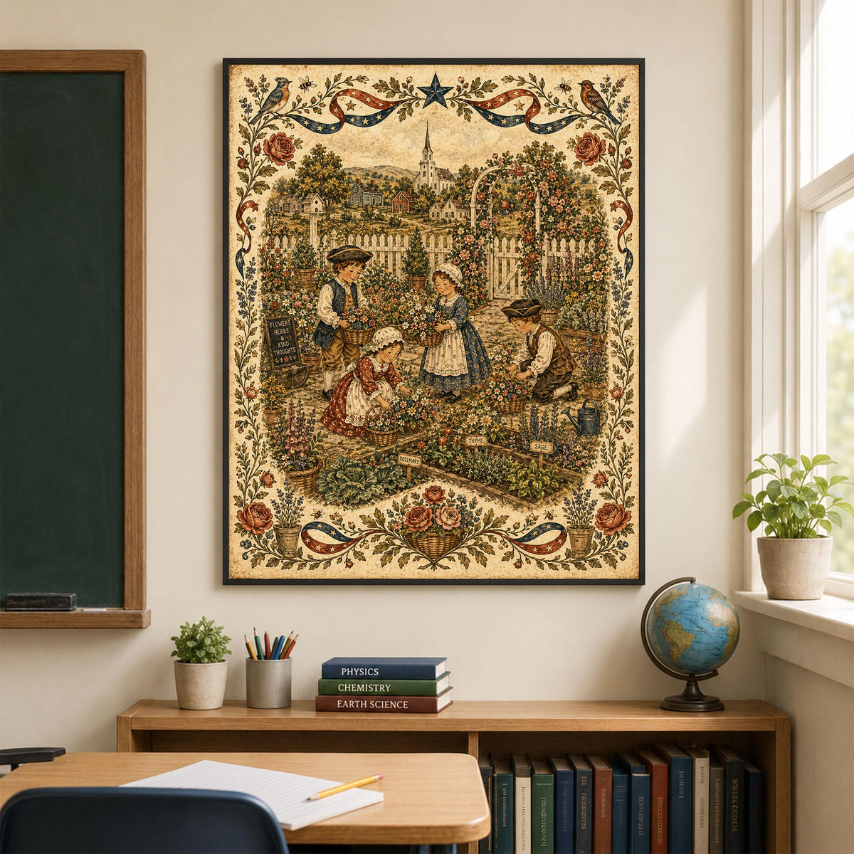 Patriotic Folk Art Garden Print | Americana Colonial Garden Wall Art | Vintage Cottage Garden Landscape Decor | Portrait Mode