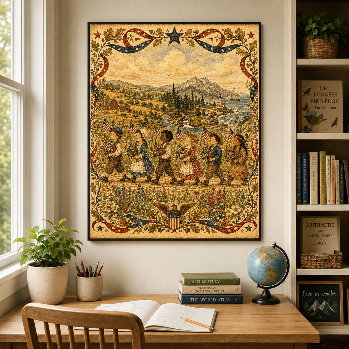 Patriotic Folk Art Children Print | Americana Landscape Wall Art | Colonial Flag Parade Decor | Vintage Independence Day Artwork | Portrait