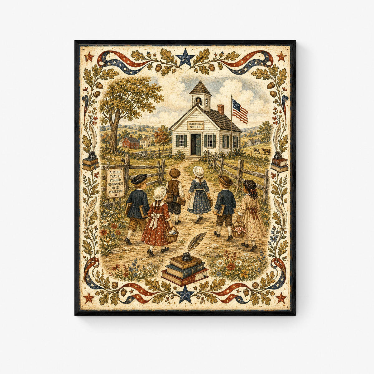 Patriotic Schoolhouse Folk Art Print | Vintage Americana Classroom Wall Decor | Colonial School Landscape | Homeschool Gift | Portrait Mode