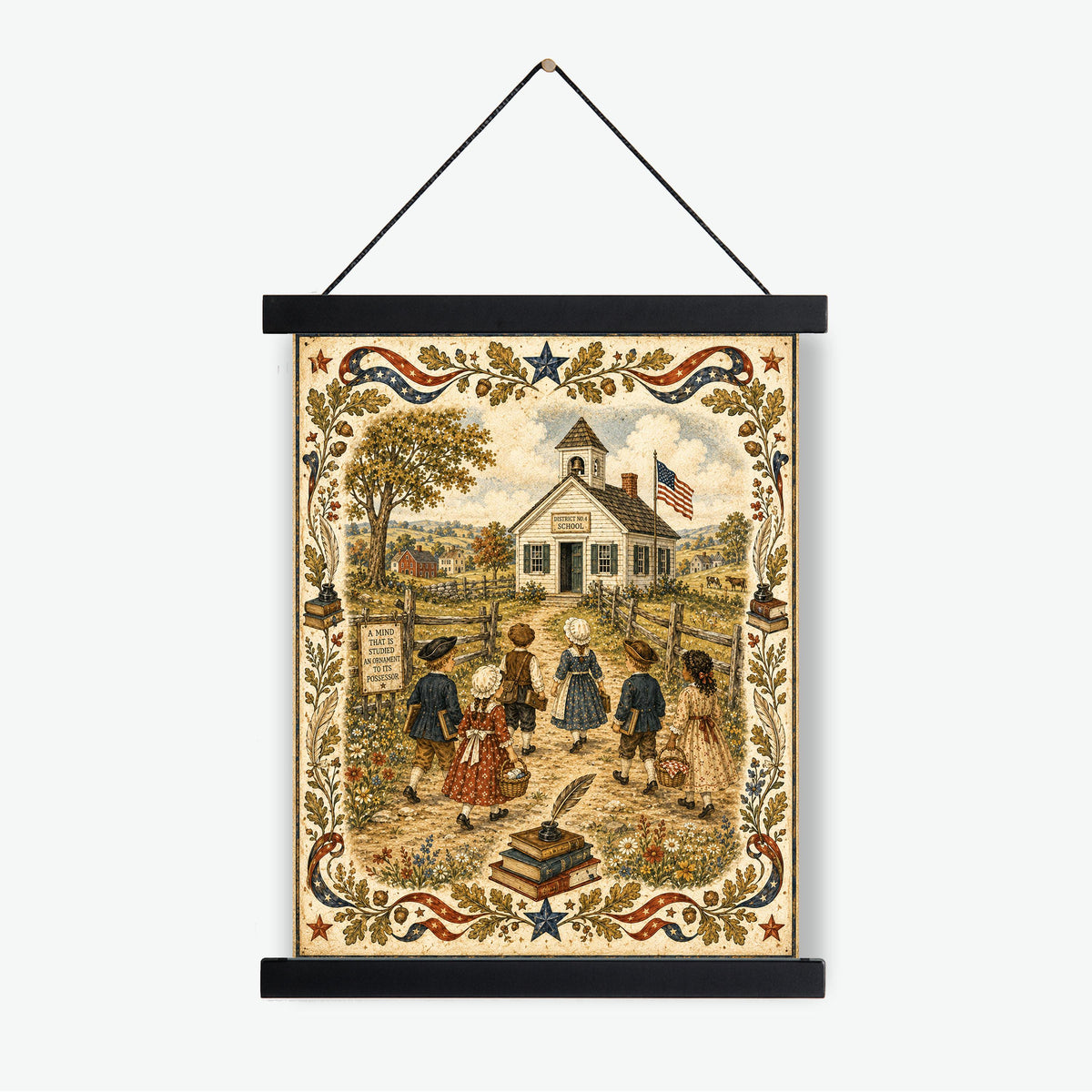 Patriotic Schoolhouse Folk Art Print | Vintage Americana Classroom Wall Decor | Colonial School Landscape | Homeschool Gift | Portrait Mode