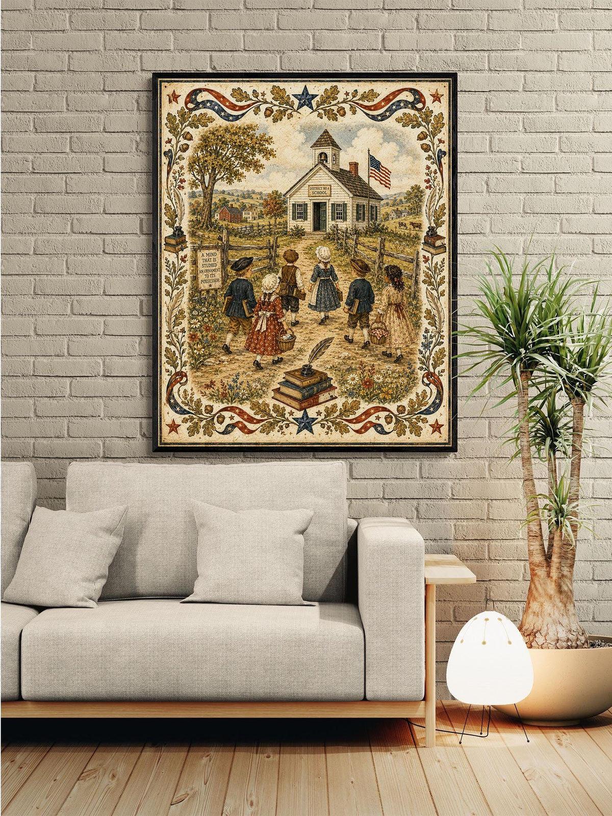 Patriotic Schoolhouse Folk Art Print | Vintage Americana Classroom Wall Decor | Colonial School Landscape | Homeschool Gift | Portrait Mode