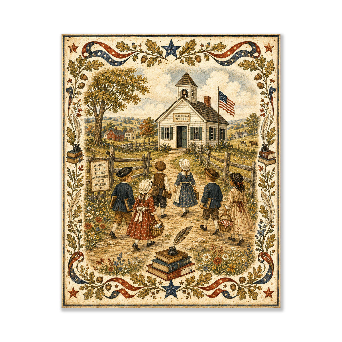 Patriotic Schoolhouse Folk Art Print | Vintage Americana Classroom Wall Decor | Colonial School Landscape | Homeschool Gift | Portrait Mode