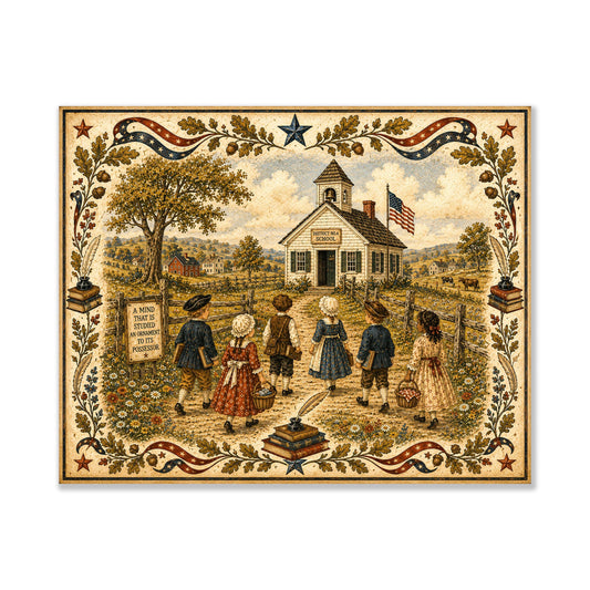 Patriotic Schoolhouse Folk Art Print | Vintage Americana Classroom Wall Decor | Colonial School Landscape | Homeschool Gift | Landscape Mode