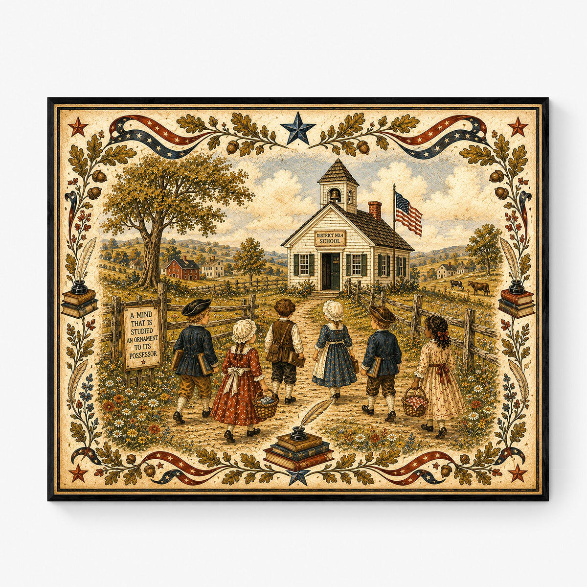 Patriotic Schoolhouse Folk Art Print | Vintage Americana Classroom Wall Decor | Colonial School Landscape | Homeschool Gift | Landscape Mode