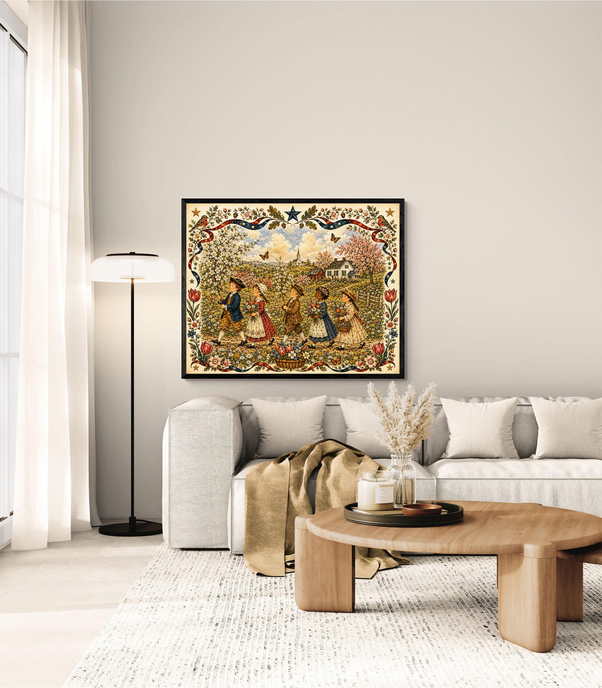 Spring Folk Art Landscape Print | Vintage Americana Wildflower Wall Decor | Colonial Children Botanical Artwork | Cottagecore