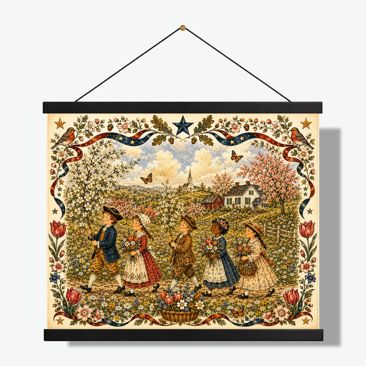 Spring Folk Art Landscape Print | Vintage Americana Wildflower Wall Decor | Colonial Children Botanical Artwork | Cottagecore