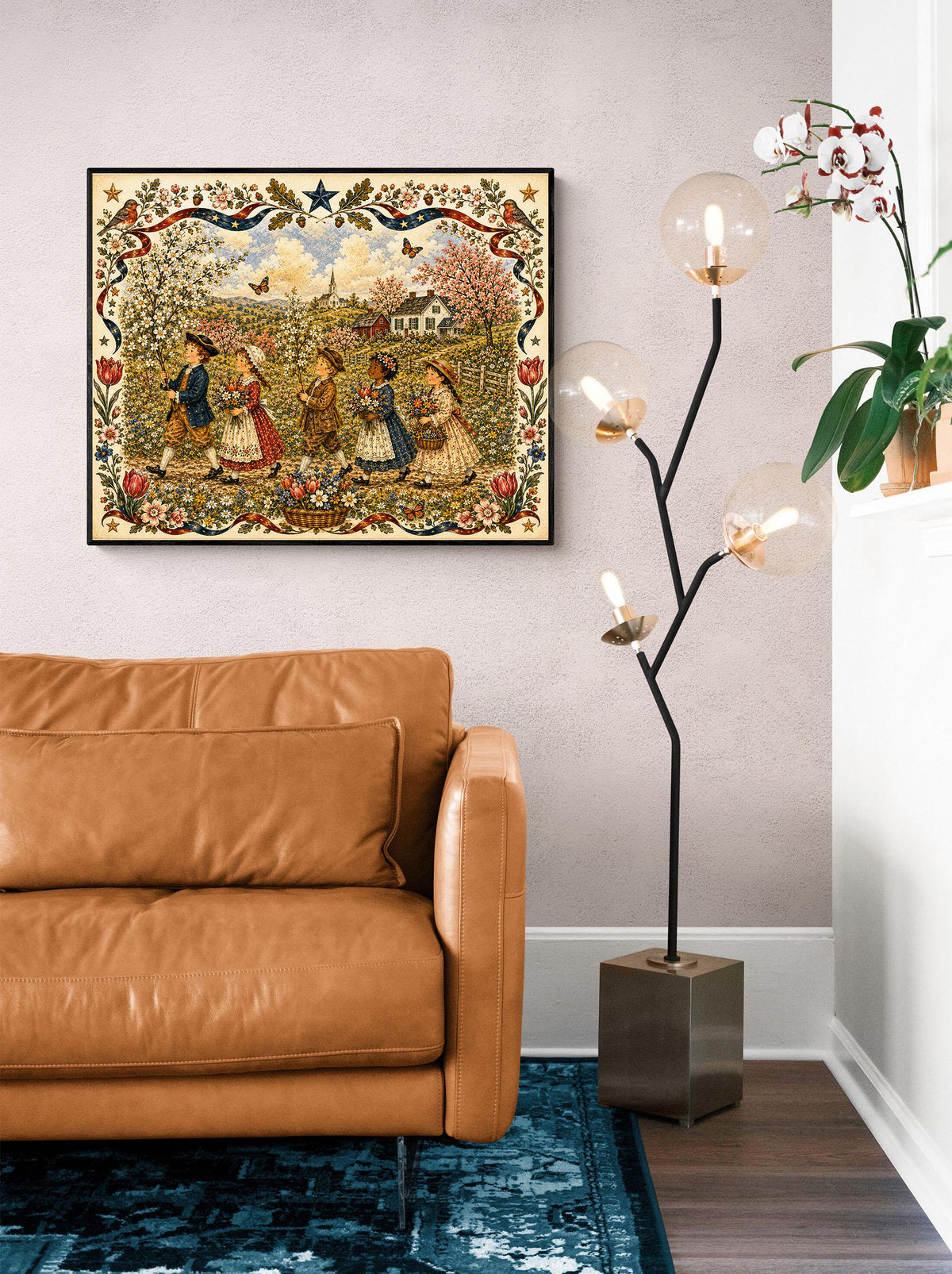 Spring Folk Art Landscape Print | Vintage Americana Wildflower Wall Decor | Colonial Children Botanical Artwork | Cottagecore