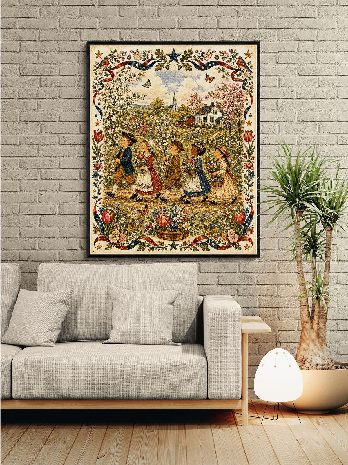 Spring Folk Art Landscape Print | Vintage Americana Wildflower Wall Decor | Colonial Children Botanical Artwork | Cottagecore | Portrait