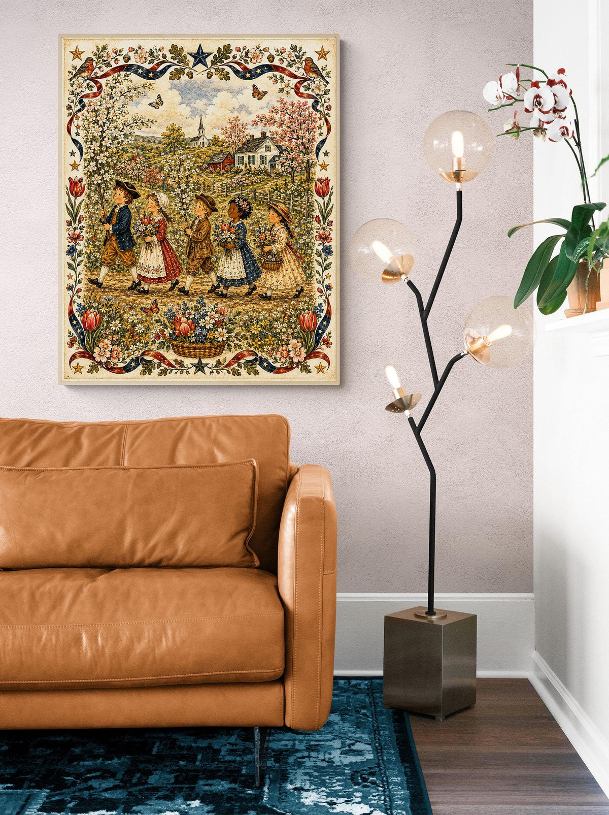 Spring Folk Art Landscape Print | Vintage Americana Wildflower Wall Decor | Colonial Children Botanical Artwork | Cottagecore | Portrait