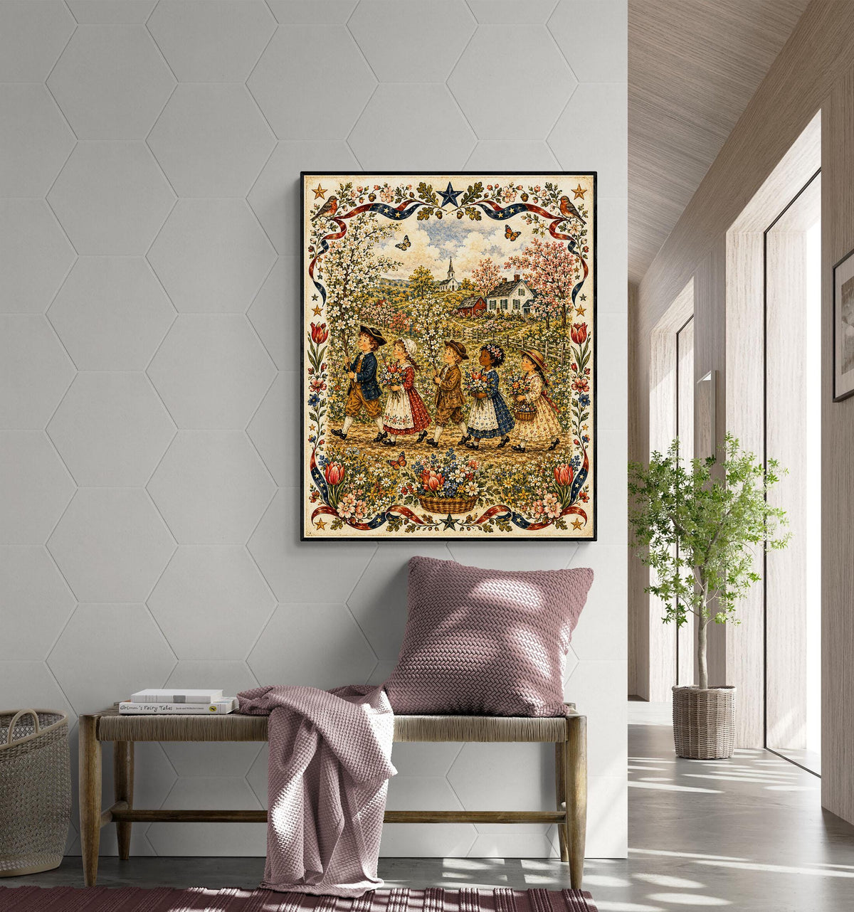 Spring Folk Art Landscape Print | Vintage Americana Wildflower Wall Decor | Colonial Children Botanical Artwork | Cottagecore | Portrait
