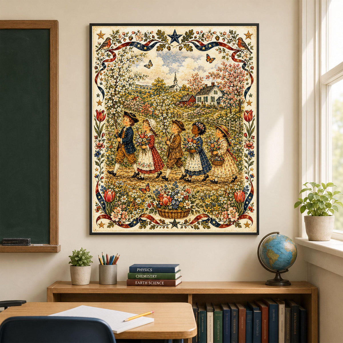 Spring Folk Art Landscape Print | Vintage Americana Wildflower Wall Decor | Colonial Children Botanical Artwork | Cottagecore | Portrait