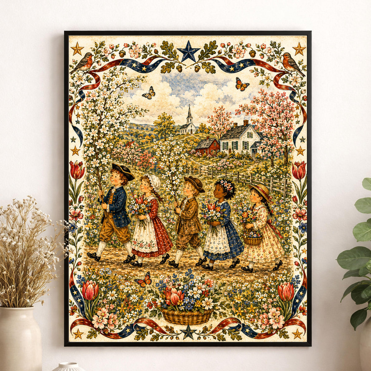 Spring Folk Art Landscape Print | Vintage Americana Wildflower Wall Decor | Colonial Children Botanical Artwork | Cottagecore | Portrait