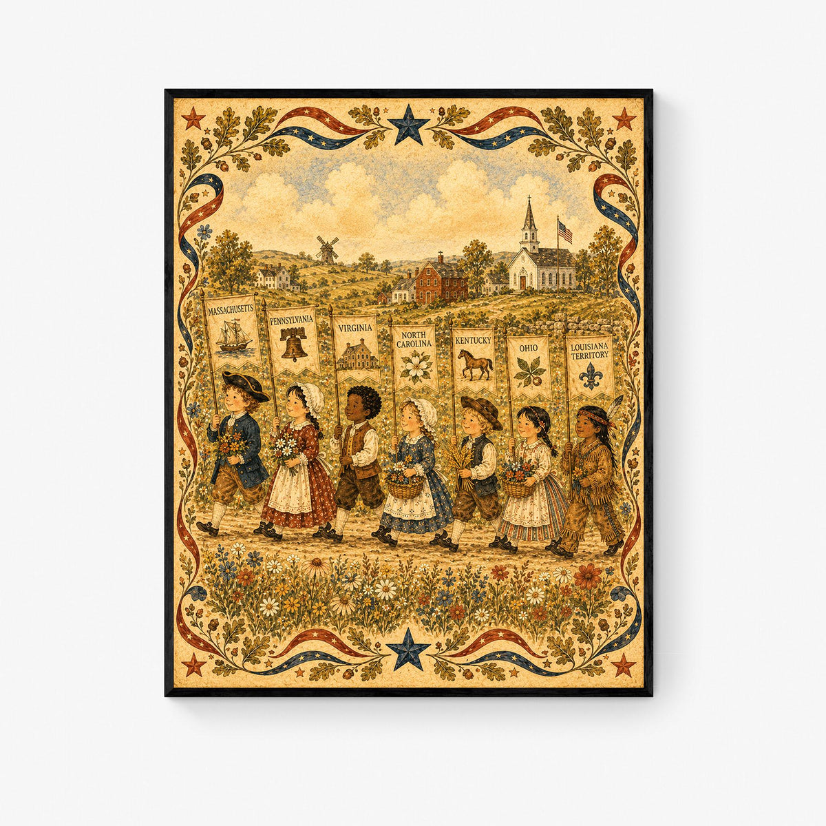 Colonial America State Banner Print | Patriotic Folk Art Wall Decor | Homeschool History Classroom Art | Americana | Portrait Mode