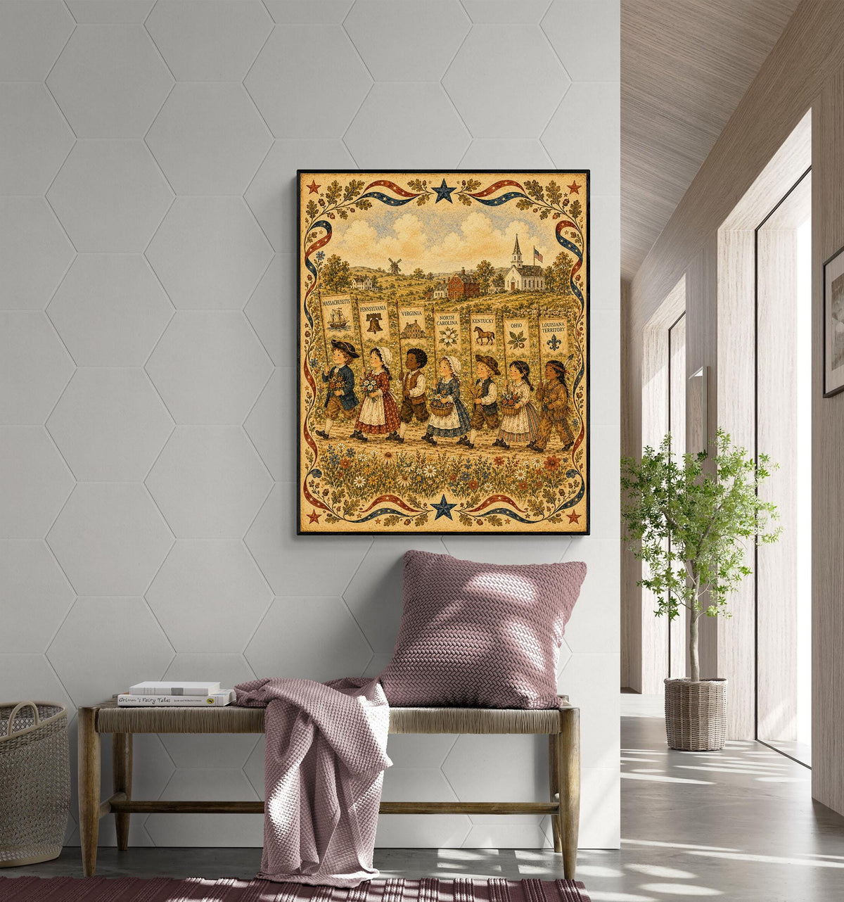 Colonial America State Banner Print | Patriotic Folk Art Wall Decor | Homeschool History Classroom Art | Americana | Portrait Mode