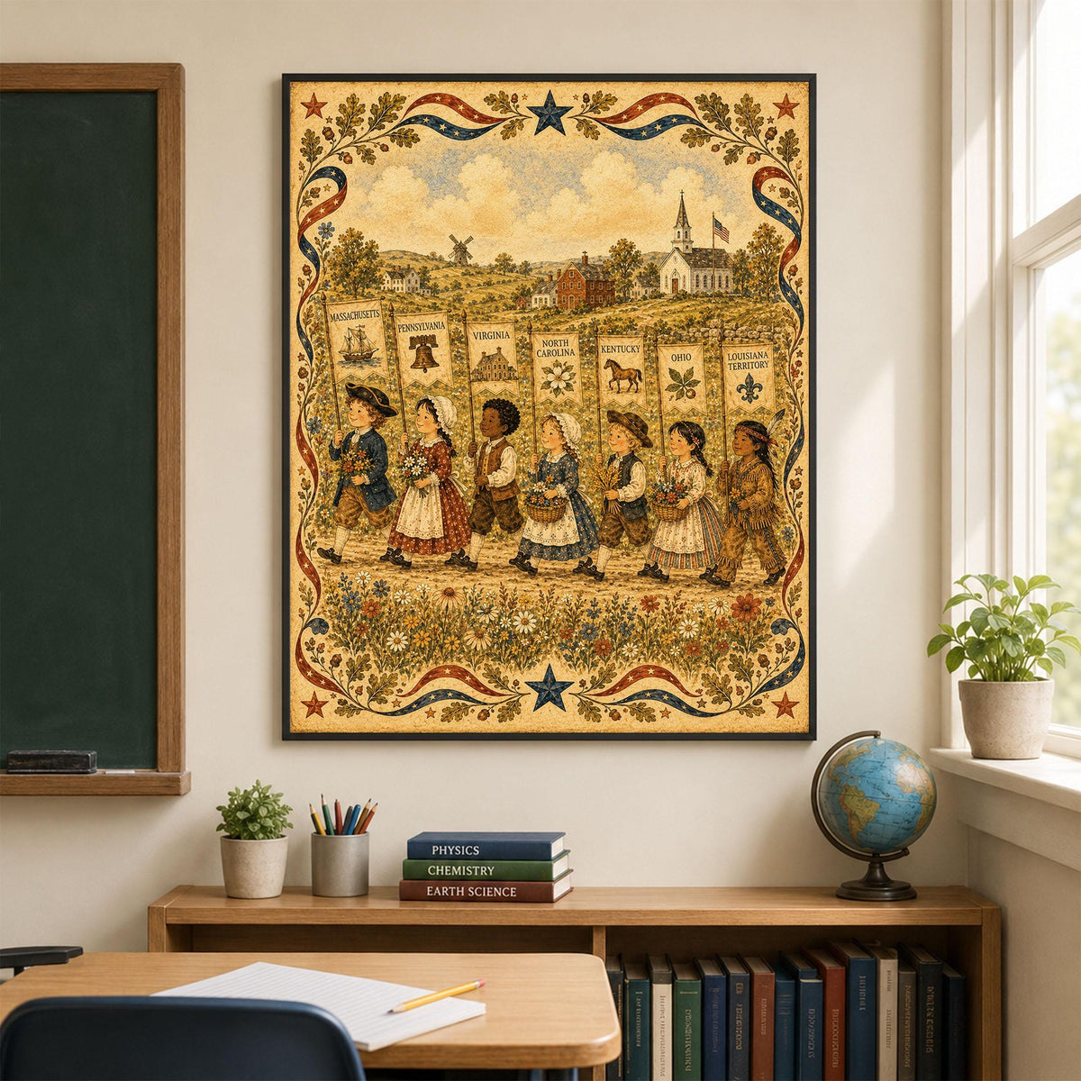 Colonial America State Banner Print | Patriotic Folk Art Wall Decor | Homeschool History Classroom Art | Americana | Portrait Mode