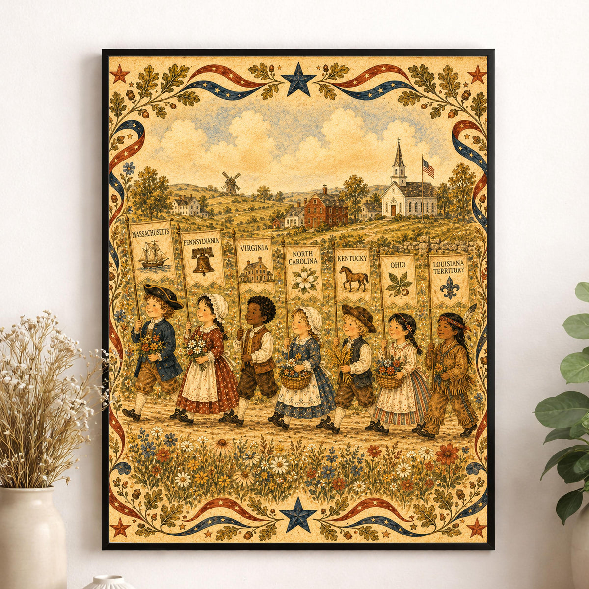 Colonial America State Banner Print | Patriotic Folk Art Wall Decor | Homeschool History Classroom Art | Americana | Portrait Mode