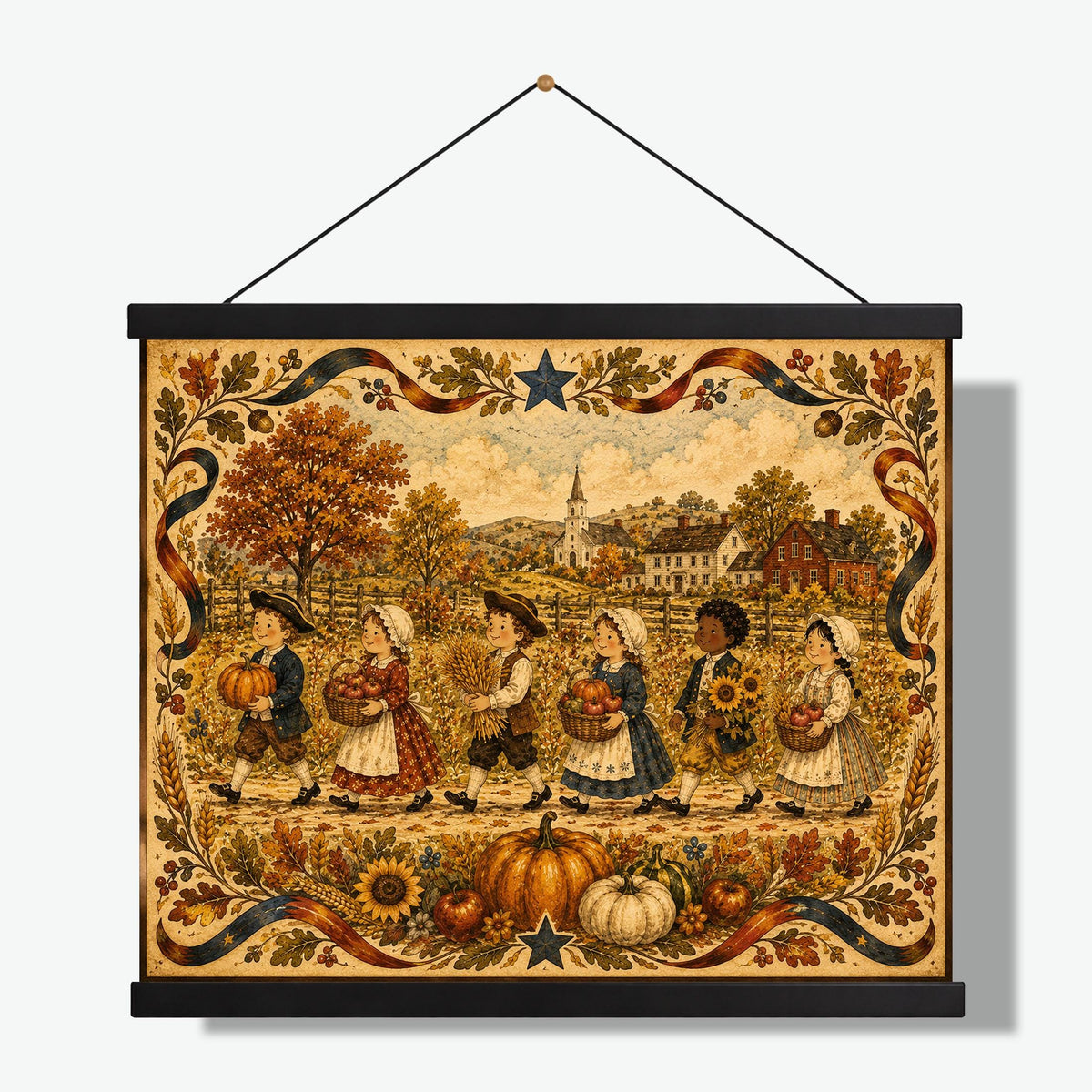 Autumn Harvest Folk Art Print | Vintage Americana Fall Wall Decor | Thanksgiving Farmhouse Artwork | Colonial Harvest Landscape