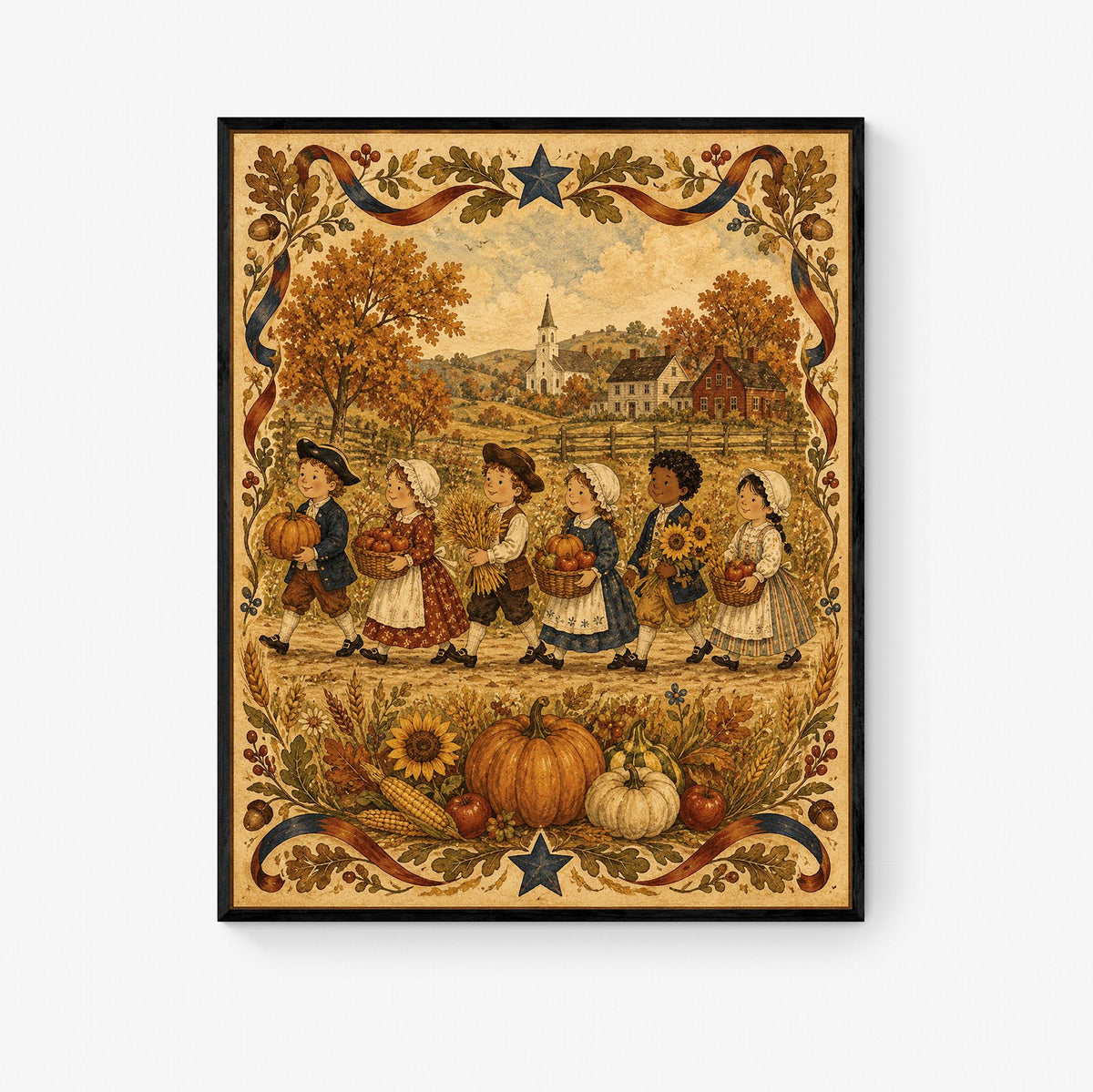 Autumn Harvest Folk Art Print | Vintage Americana Fall Wall Decor | Thanksgiving Farmhouse Artwork | Colonial Harvest Portrait