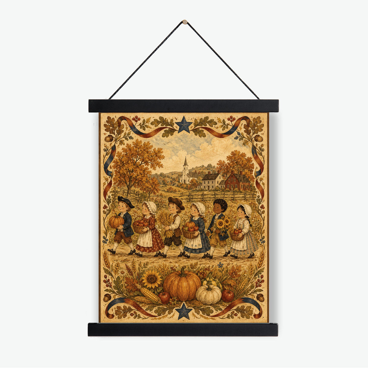 Autumn Harvest Folk Art Print | Vintage Americana Fall Wall Decor | Thanksgiving Farmhouse Artwork | Colonial Harvest Portrait