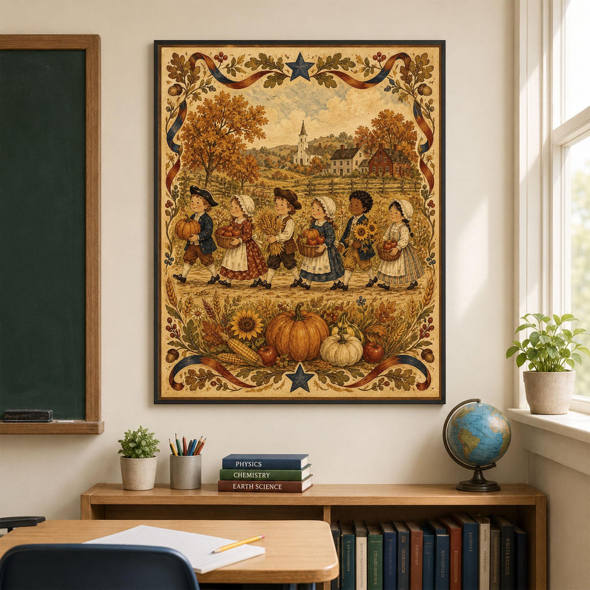 Autumn Harvest Folk Art Print | Vintage Americana Fall Wall Decor | Thanksgiving Farmhouse Artwork | Colonial Harvest Portrait