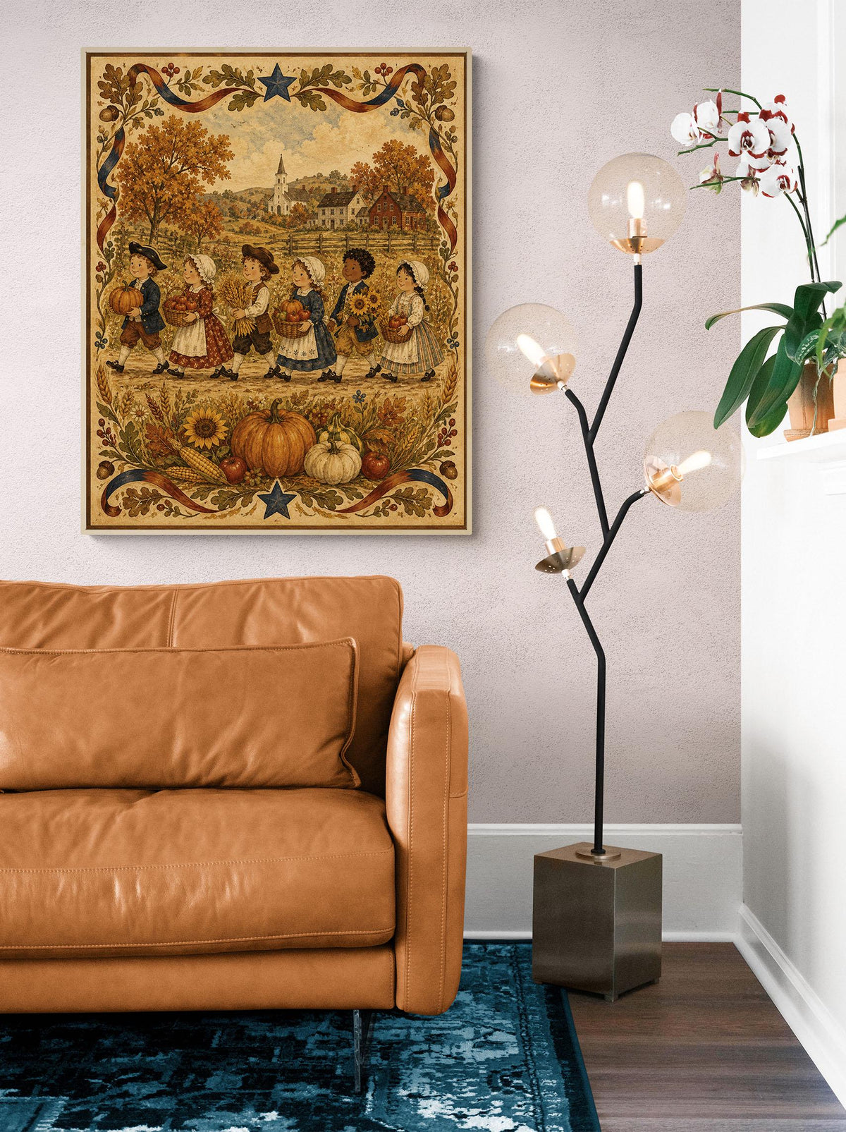 Autumn Harvest Folk Art Print | Vintage Americana Fall Wall Decor | Thanksgiving Farmhouse Artwork | Colonial Harvest Portrait