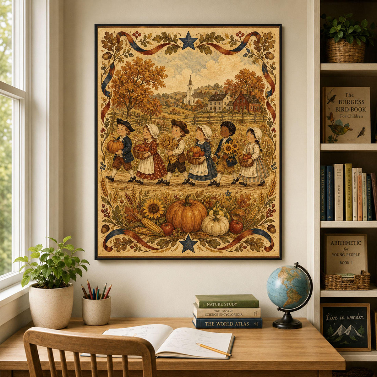 Autumn Harvest Folk Art Print | Vintage Americana Fall Wall Decor | Thanksgiving Farmhouse Artwork | Colonial Harvest Portrait