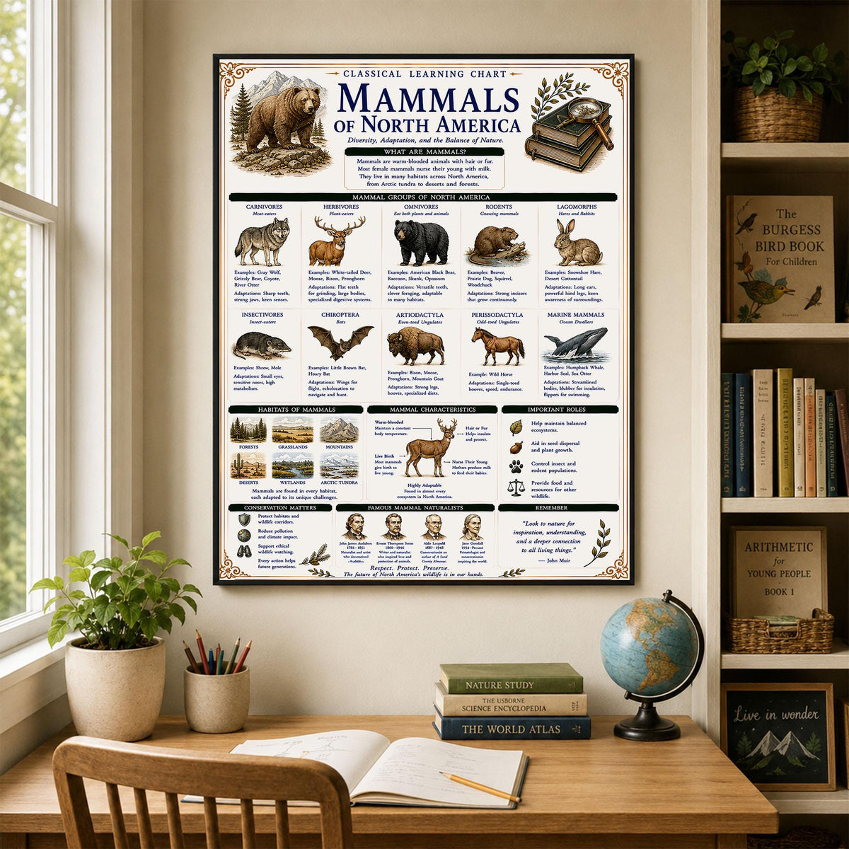 Mammals of North America Learning Chart | Wildlife Classroom Poster | Homeschool Nature Education Print | Science Wall Art