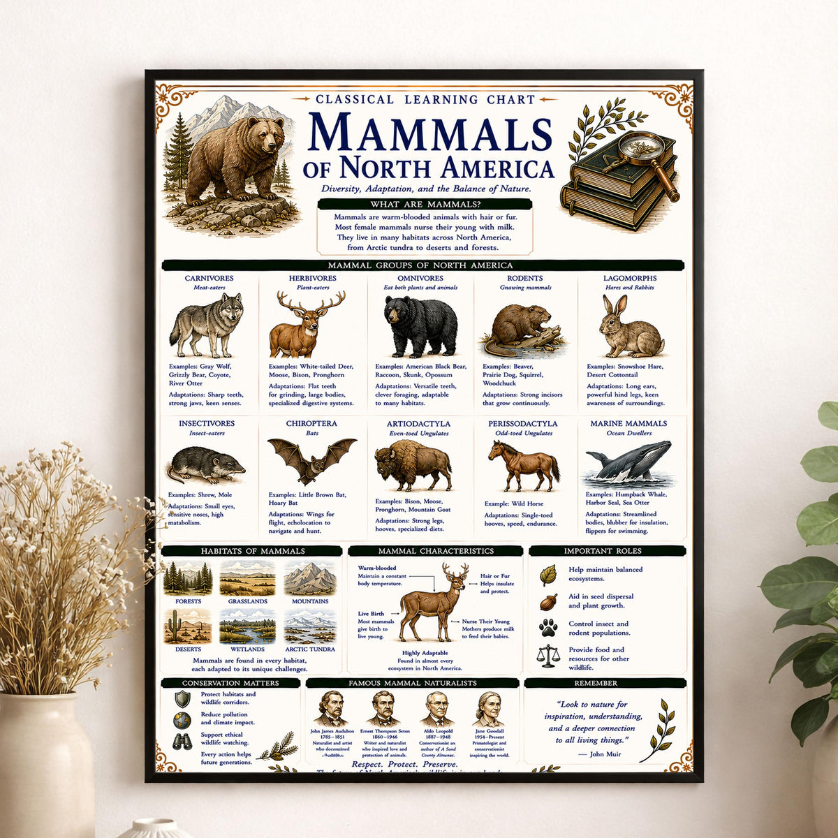 Mammals of North America Learning Chart | Wildlife Classroom Poster | Homeschool Nature Education Print | Science Wall Art