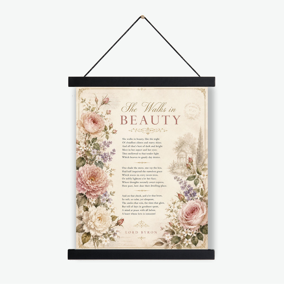 She Walks in Beauty Art Print | Lord Byron Poem | Romantic Cottagecore Wall Art | Vintage Floral Literary Decor