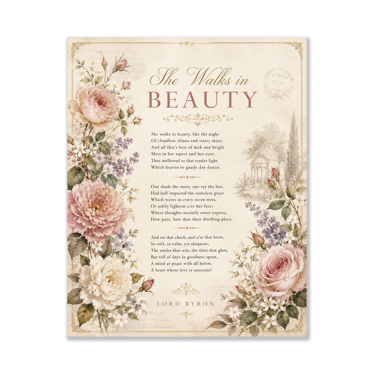 She Walks in Beauty Art Print | Lord Byron Poem | Romantic Cottagecore Wall Art | Vintage Floral Literary Decor