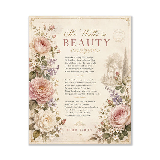 She Walks in Beauty Art Print | Lord Byron Poem | Romantic Cottagecore Wall Art | Vintage Floral Literary Decor