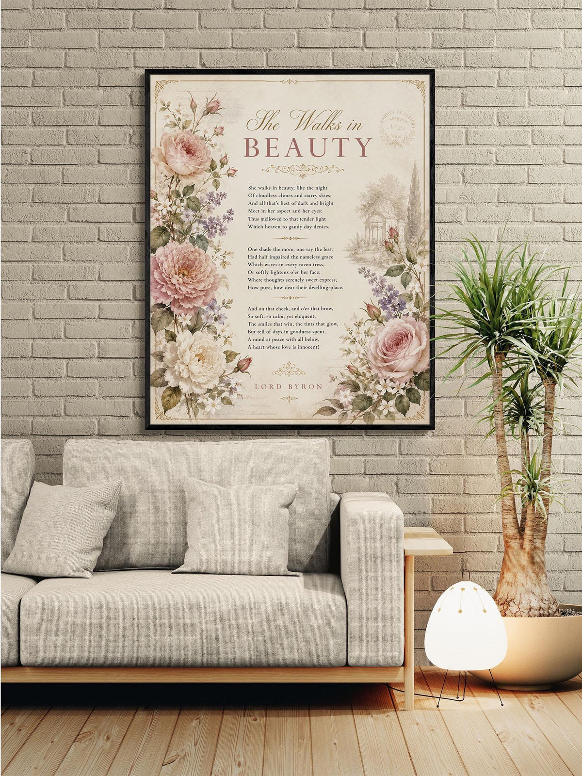She Walks in Beauty Art Print | Lord Byron Poem | Romantic Cottagecore Wall Art | Vintage Floral Literary Decor