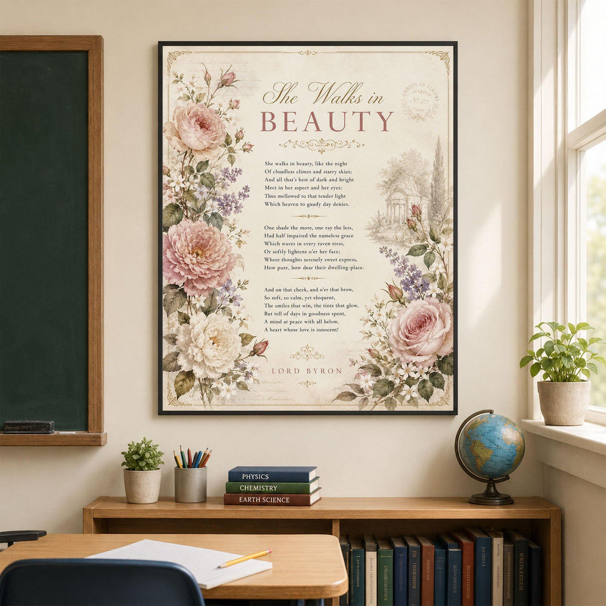 She Walks in Beauty Art Print | Lord Byron Poem | Romantic Cottagecore Wall Art | Vintage Floral Literary Decor