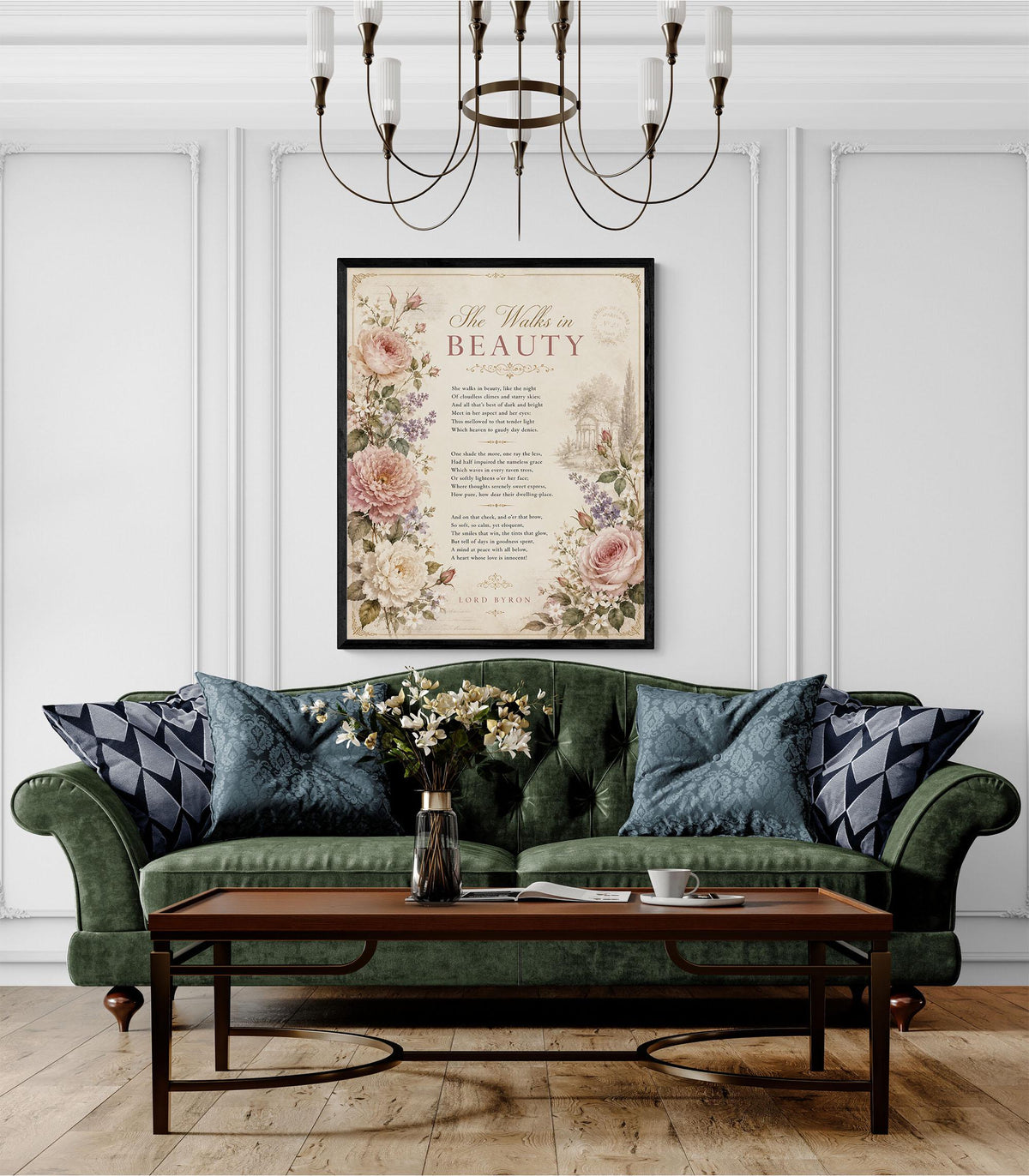 She Walks in Beauty Art Print | Lord Byron Poem | Romantic Cottagecore Wall Art | Vintage Floral Literary Decor