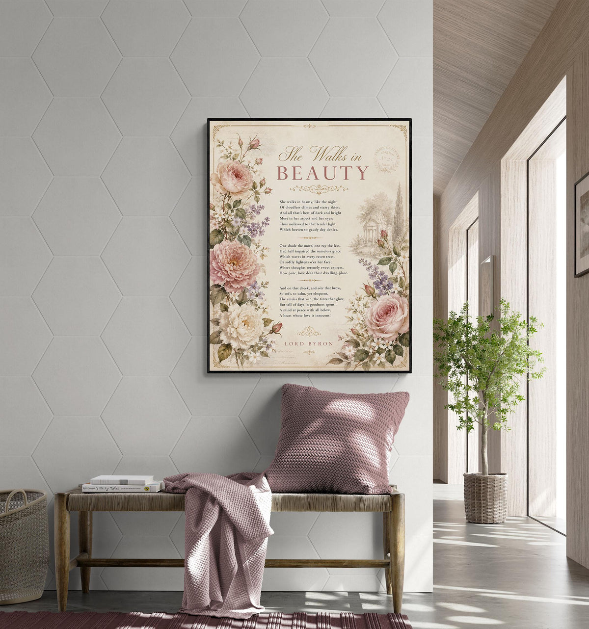 She Walks in Beauty Art Print | Lord Byron Poem | Romantic Cottagecore Wall Art | Vintage Floral Literary Decor