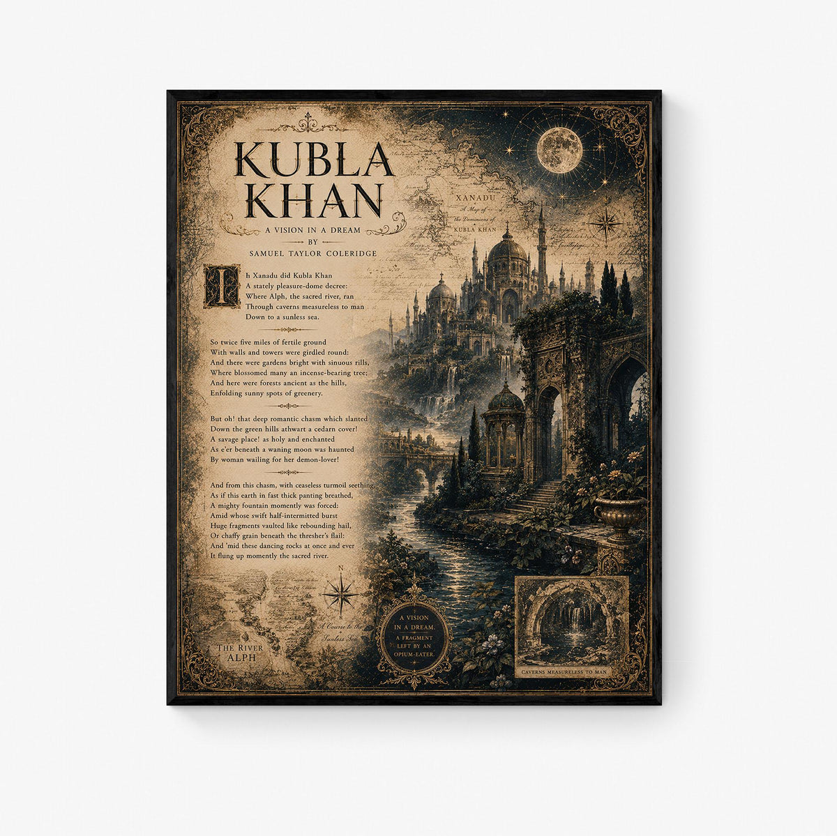 Kubla Khan Art Print | Samuel Taylor Coleridge Poem | Dark Academia Literary Wall Art | Gothic Library Decor