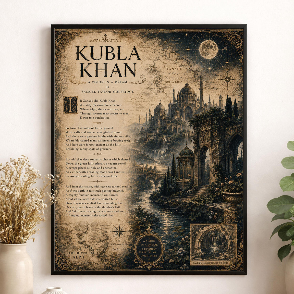Kubla Khan Art Print | Samuel Taylor Coleridge Poem | Dark Academia Literary Wall Art | Gothic Library Decor