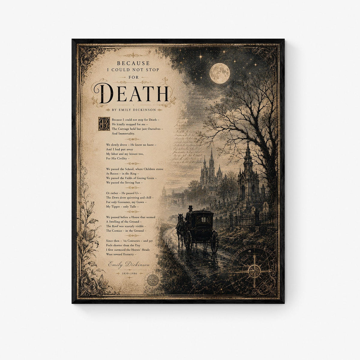 Because I Could Not Stop for Death Art Print | Emily Dickinson Poem | Dark Academia Gothic Literary Wall Decor