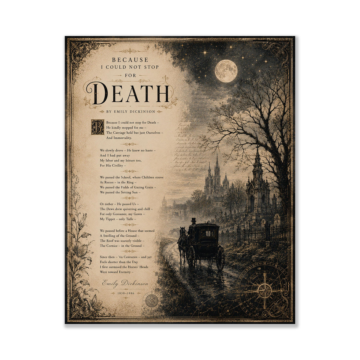Because I Could Not Stop for Death Art Print | Emily Dickinson Poem | Dark Academia Gothic Literary Wall Decor
