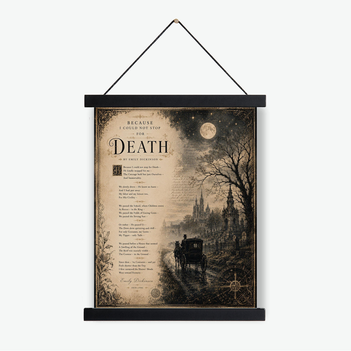 Because I Could Not Stop for Death Art Print | Emily Dickinson Poem | Dark Academia Gothic Literary Wall Decor