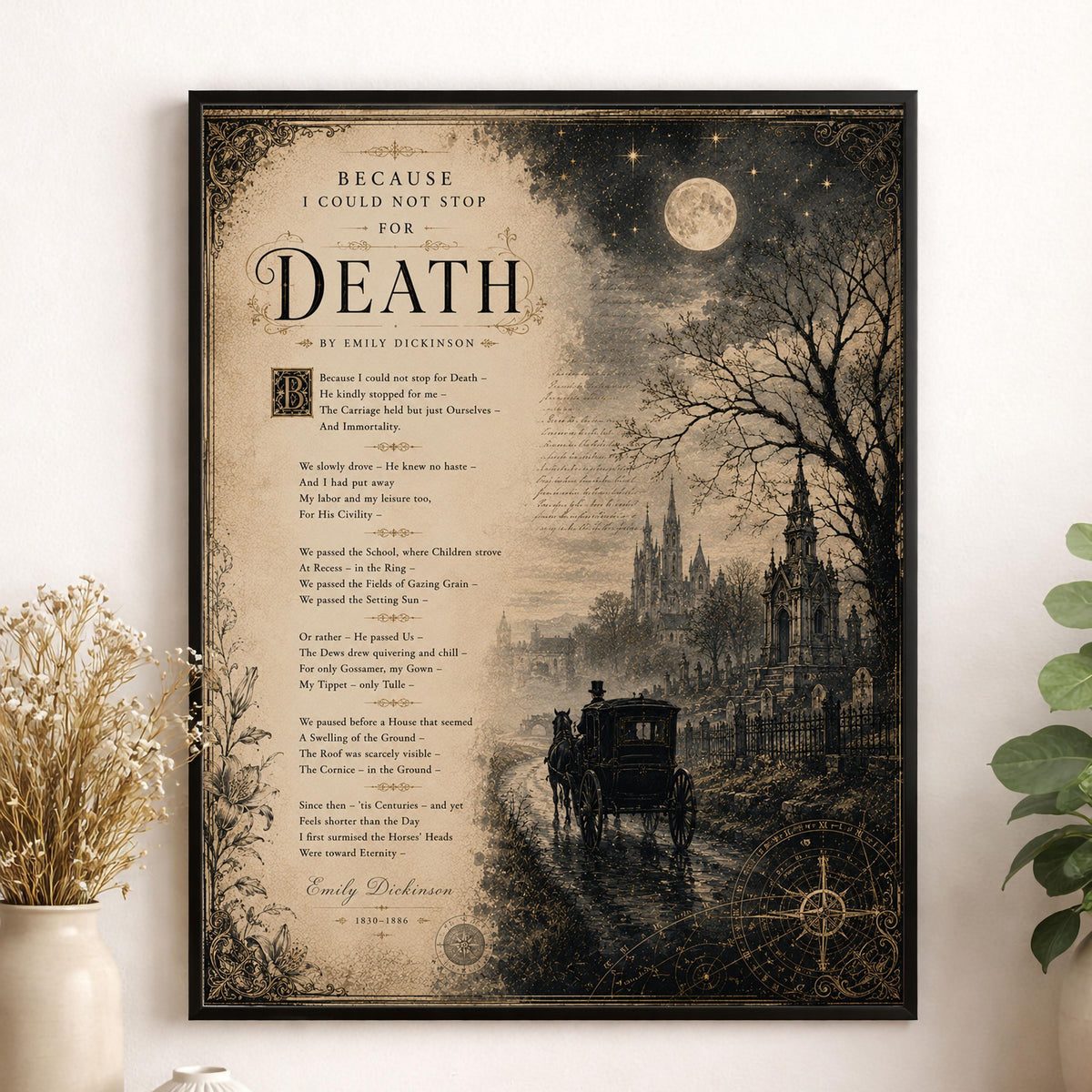 Because I Could Not Stop for Death Art Print | Emily Dickinson Poem | Dark Academia Gothic Literary Wall Decor