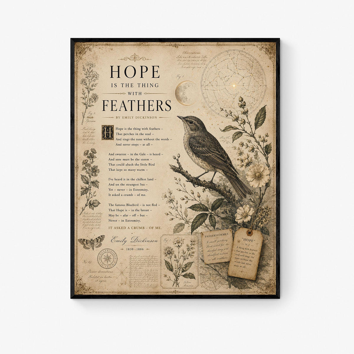 Hope Is the Thing with Feathers Art Print | Emily Dickinson Poem | Vintage Bird Wall Art | Literary Nature Decor