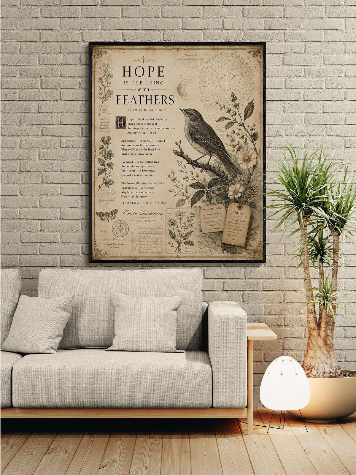 Hope Is the Thing with Feathers Art Print | Emily Dickinson Poem | Vintage Bird Wall Art | Literary Nature Decor