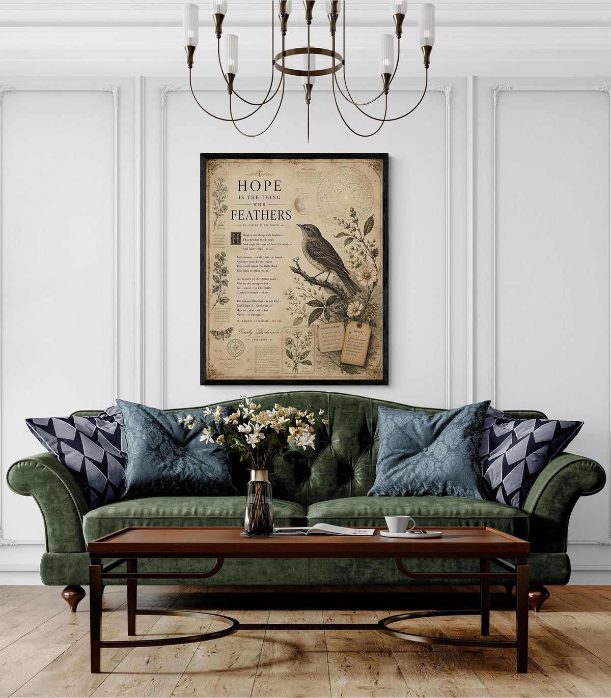 Hope Is the Thing with Feathers Art Print | Emily Dickinson Poem | Vintage Bird Wall Art | Literary Nature Decor